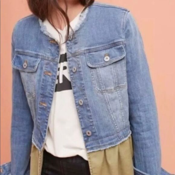 PILCRO ANTHROPOLOGIE jean jacket coat cropped fringe peplum cotton denim - Picture 2 of 6